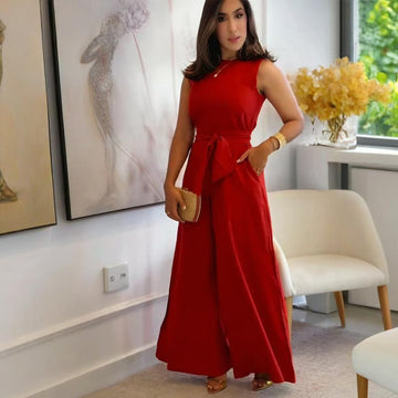 Women's Round Neck Tie Casual Jumpsuit