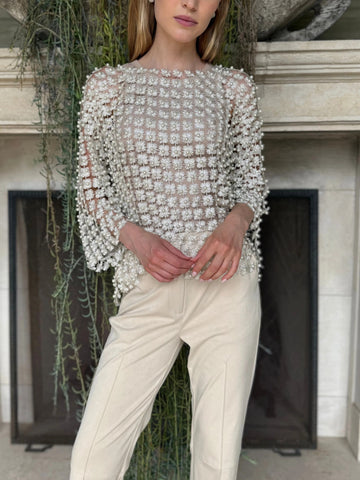 Women's Beaded Floral Cutout Long Sleeve Top Coverup