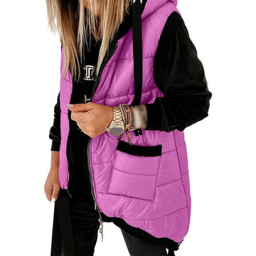 Women's Hooded Puffer Long Vest Lightweight Zipper Up Padded Gilet With Pocket