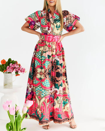 Elegant Lapel Printed Belt Dress