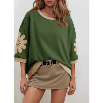 Womens Tops 2026 Summer 3/4 Sleeve Floral Sweatshirt Casual Crew Neck Oversized Colorblock Blouses