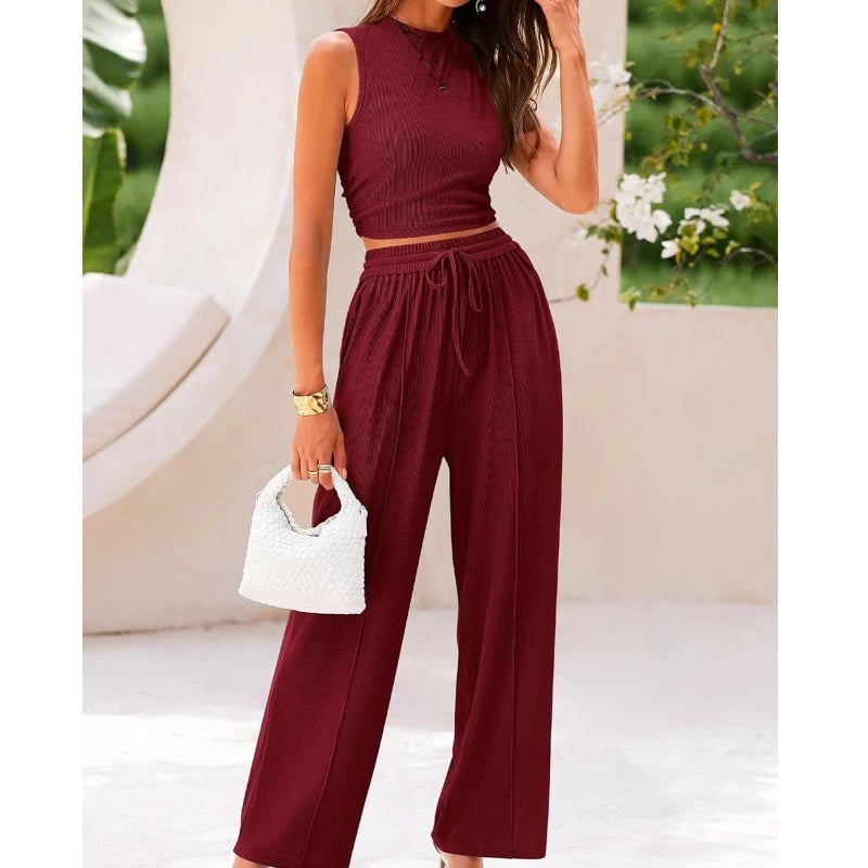 Women's Summer Solid Short Crop Tank Top & Drawstring Wide Leg Pants 2-Piece Set