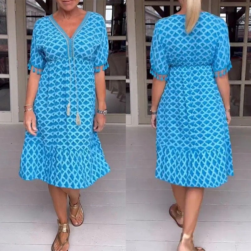 V-neck Tassel Edge Sleeve Print Midi Dress