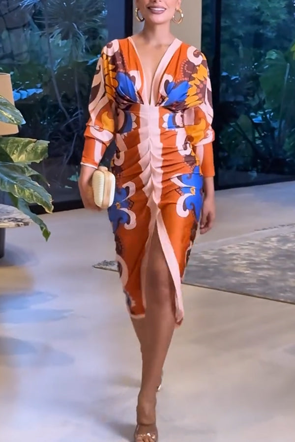 Unique Print Dolman Long Sleeve Ruched Slit Midi Dress