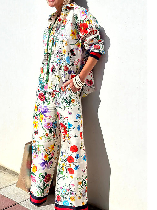 Stylish Plant Floral Print Shirt & Pants Two Piece Set