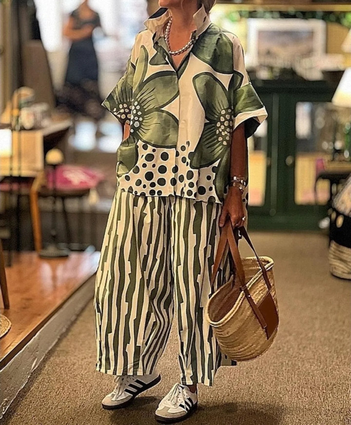 Women's Lapel Loose Geometric Print Casual Suit