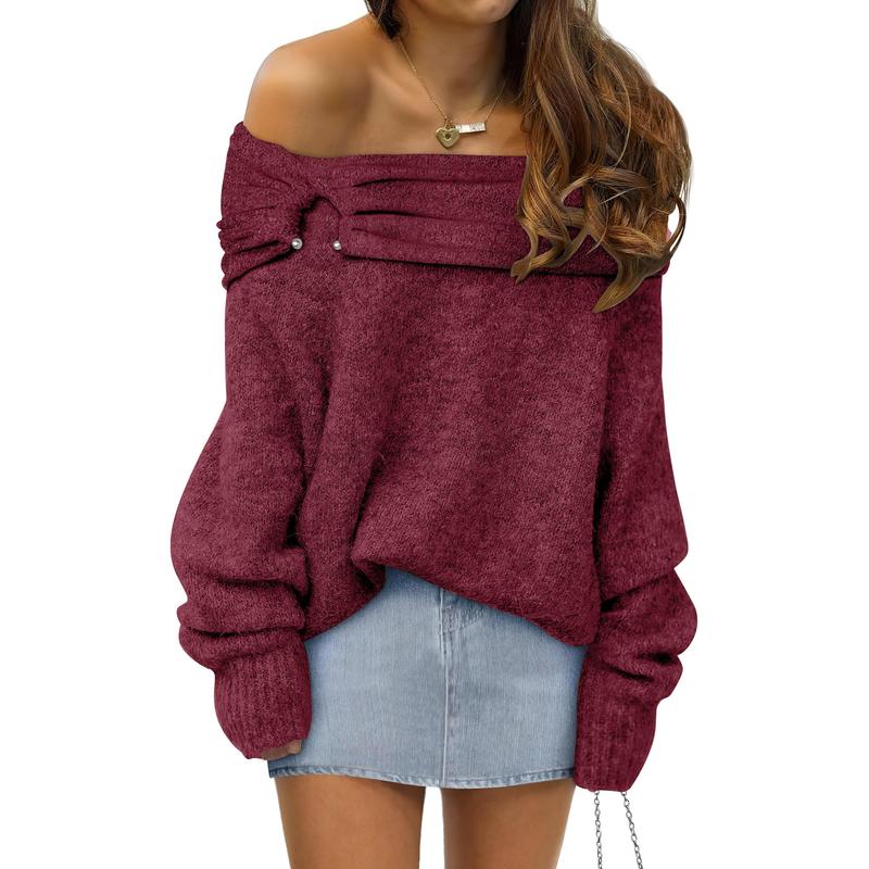 Womens Off Shoulder Long Sleeve Casual Loose Knitted Trendy Pullover Tops