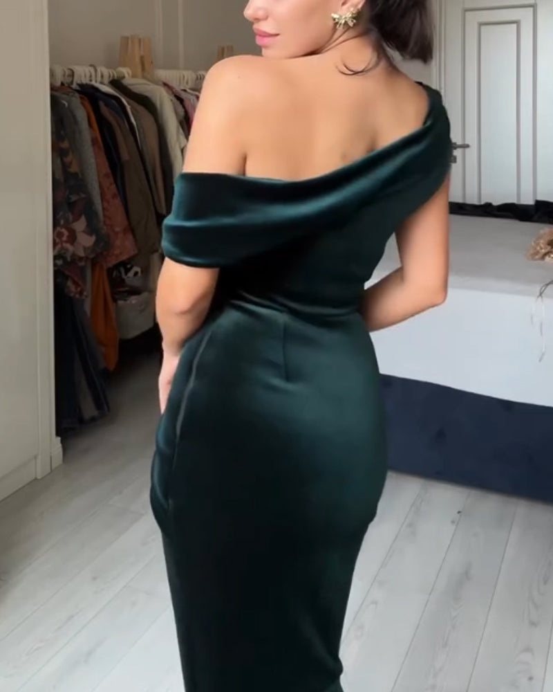 Fashion Slant Shoulder Split Party Dress