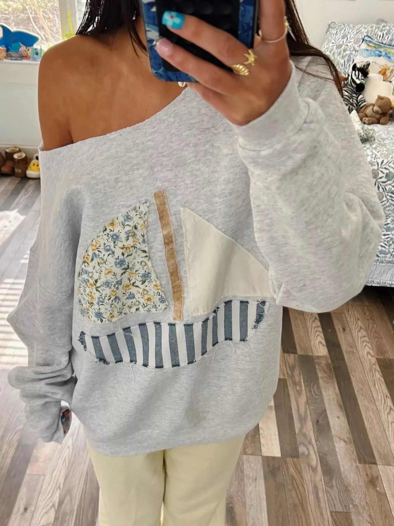 Boat Neck Long Sleeve Patchwork Sweatshirt