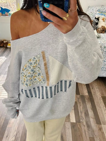 Boat Neck Long Sleeve Patchwork Sweatshirt