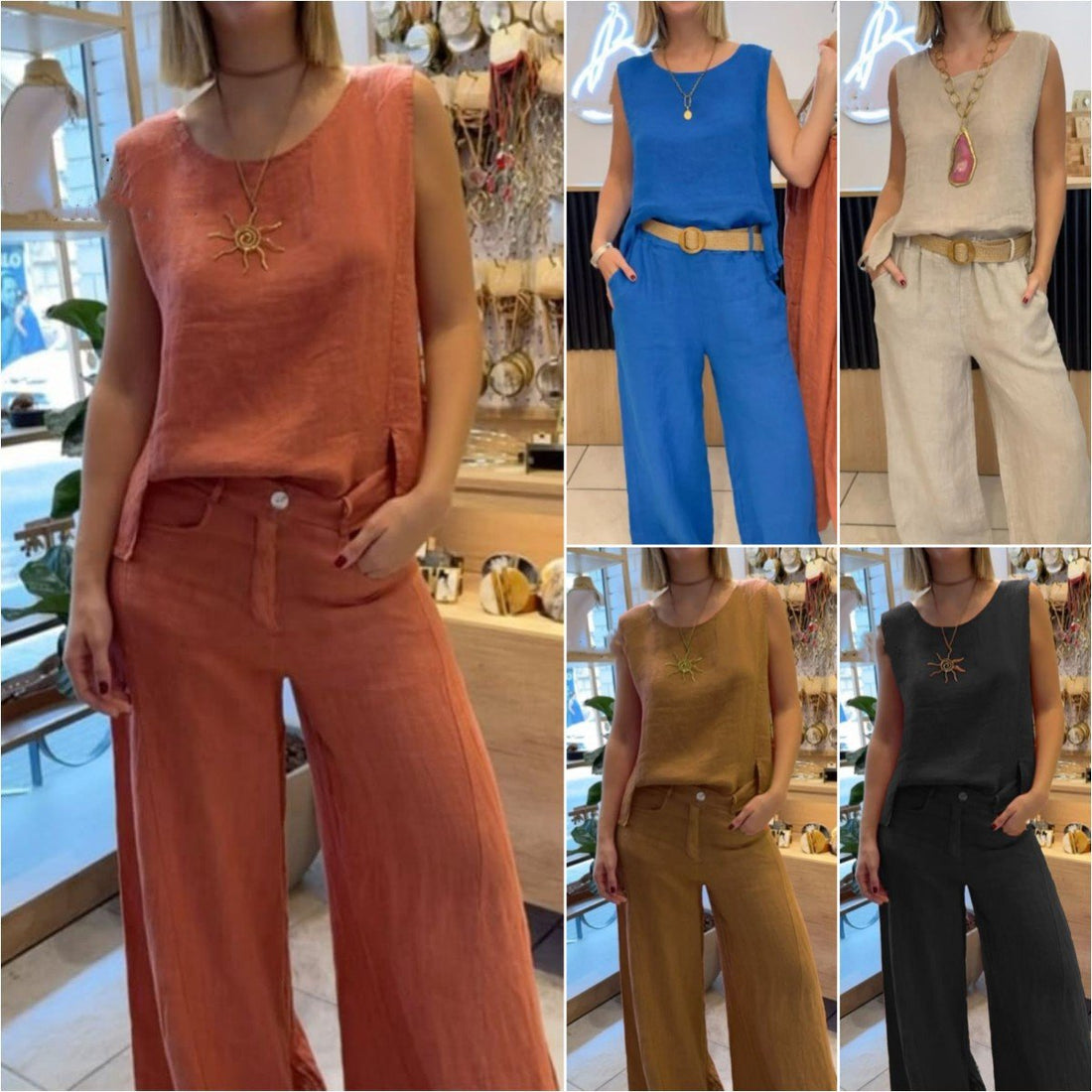 Solid Color Cotton and Linen Sleeveless Trouser Set
