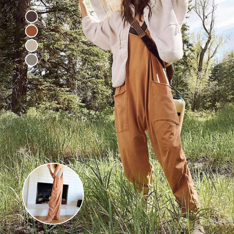 Solid V-Neck Sling Pocket Jumpsuit
