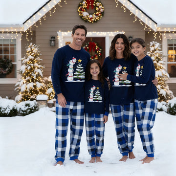 Navy & White Plaid Christmas Pajamas Set with Snowman & Christmas Tree Print