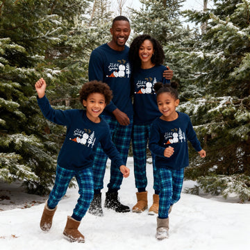"Let it Snow" Slogan and Snowman Printed Blue Plaid Christmas Matching Pajamas