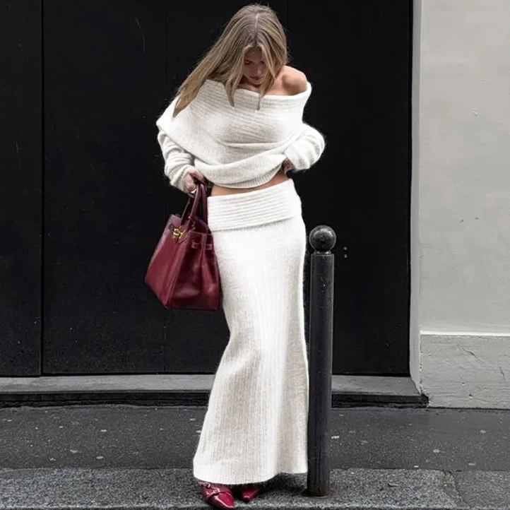 Off-Shoulder Sweater And Long Skirt Set