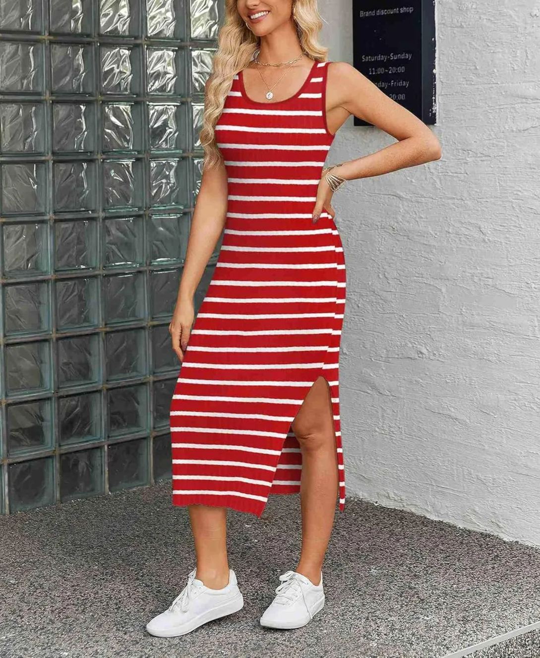 Casual Striped Knit Side Slit Dress