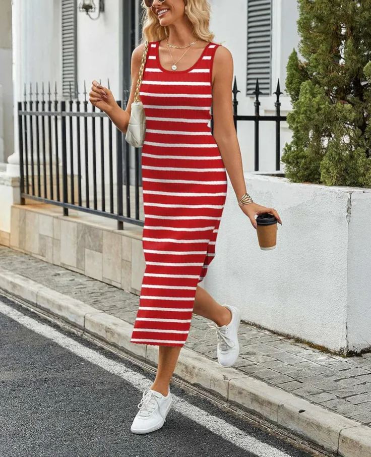 Casual Striped Knit Side Slit Dress
