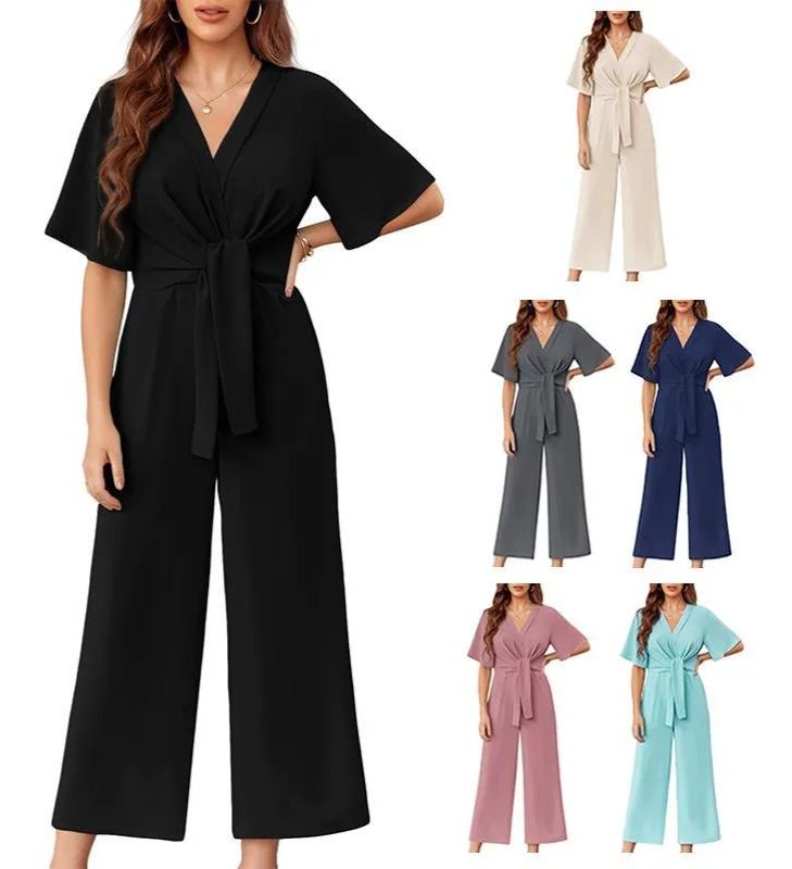 Women's V Neck Tie Knot Front Wide Leg Jumpsuits