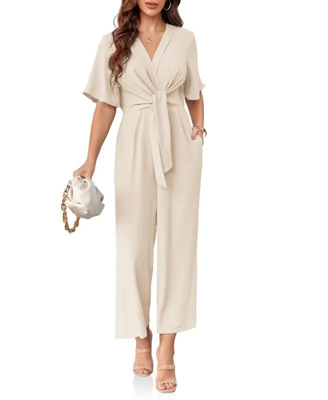 Women's V Neck Tie Knot Front Wide Leg Jumpsuits
