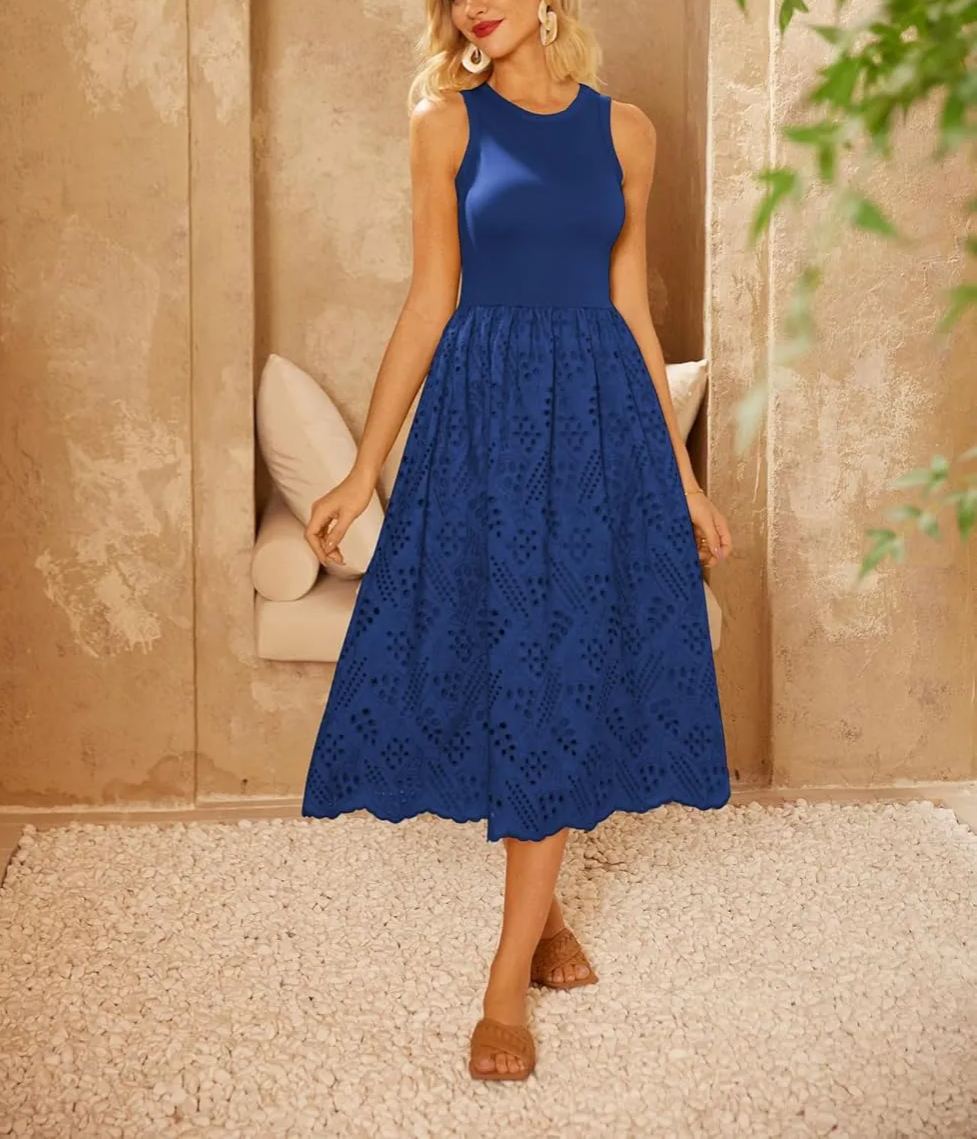 Eyelet Crewneck Casual Sleeveless Tank Dress With Pockets