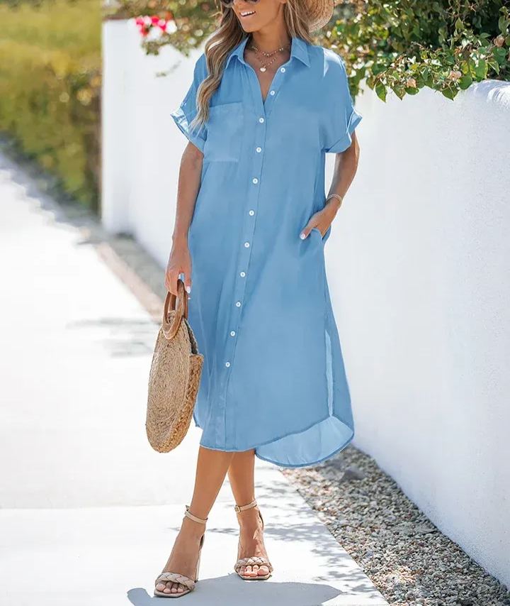 Women's Lightweight Button Down Slit Shirt Dress