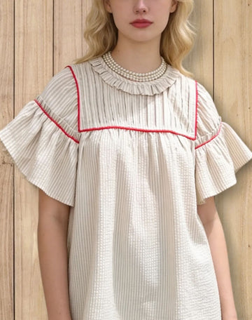 Vertical Striped Pretty Ruffled Trumpet Sleeve Blouse