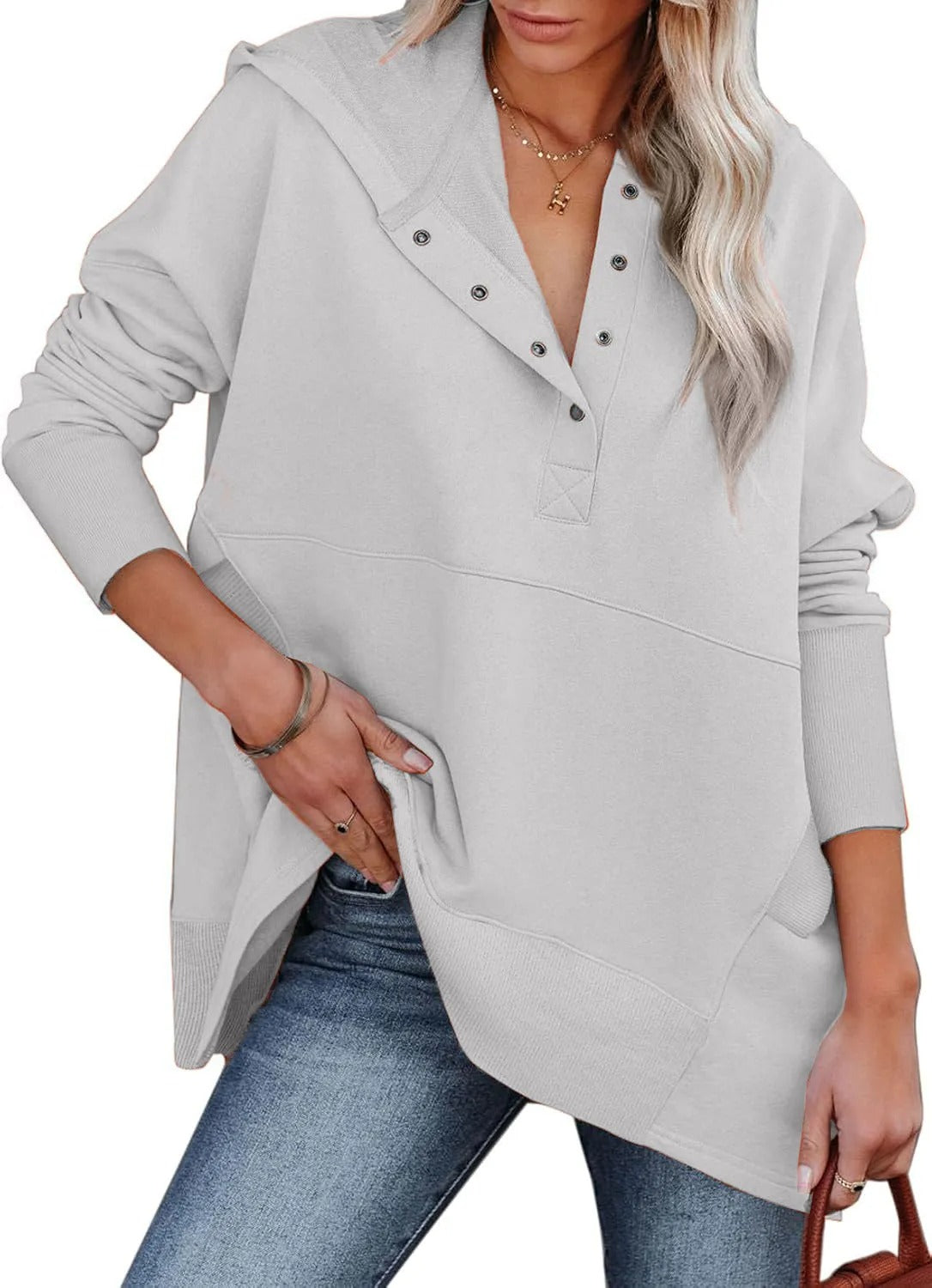Women's Lightweight Button Collar Long Sleeve Sweatshirt With Pocket