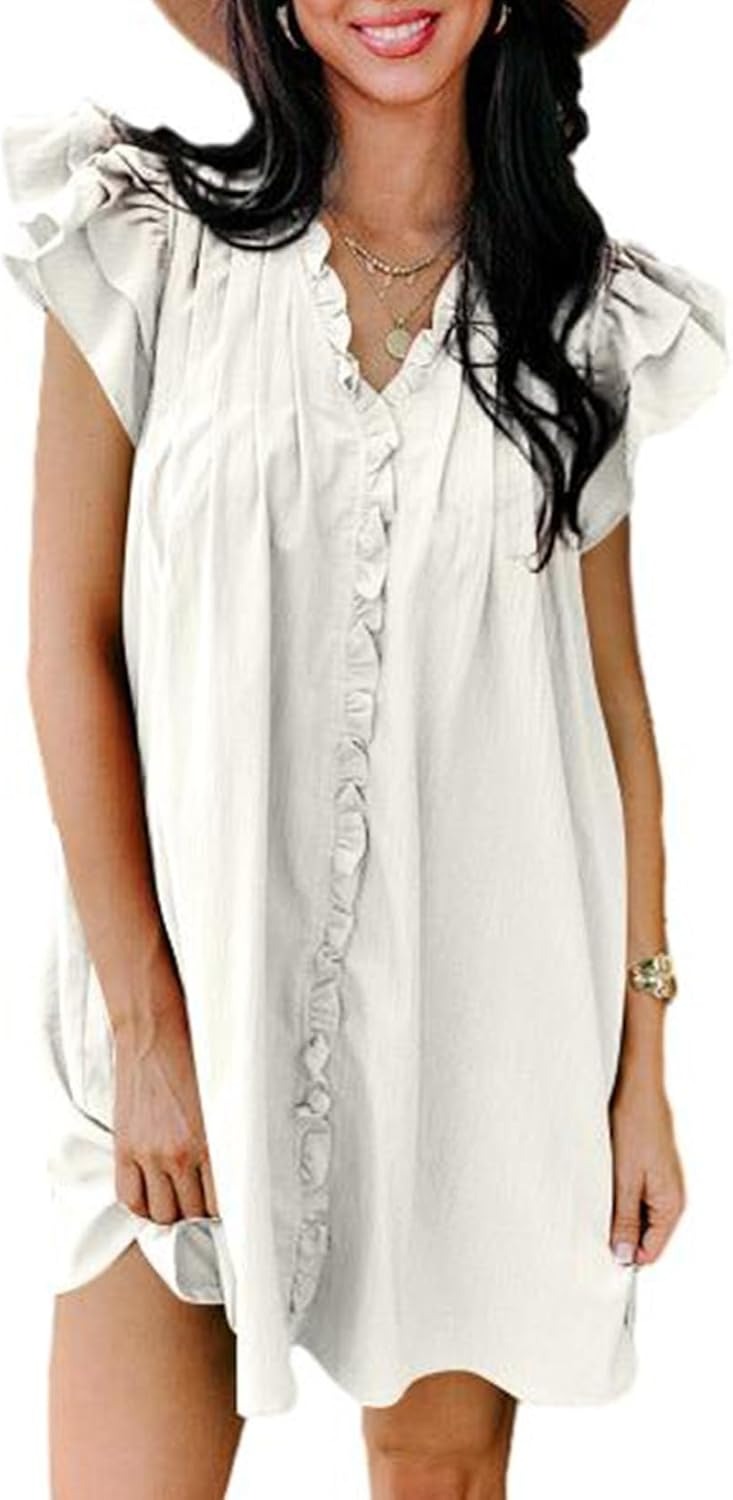 Women's Ruffle Trim Sleeveless V Neck Casual Flowy Pleated  Mini Dress with Pockets