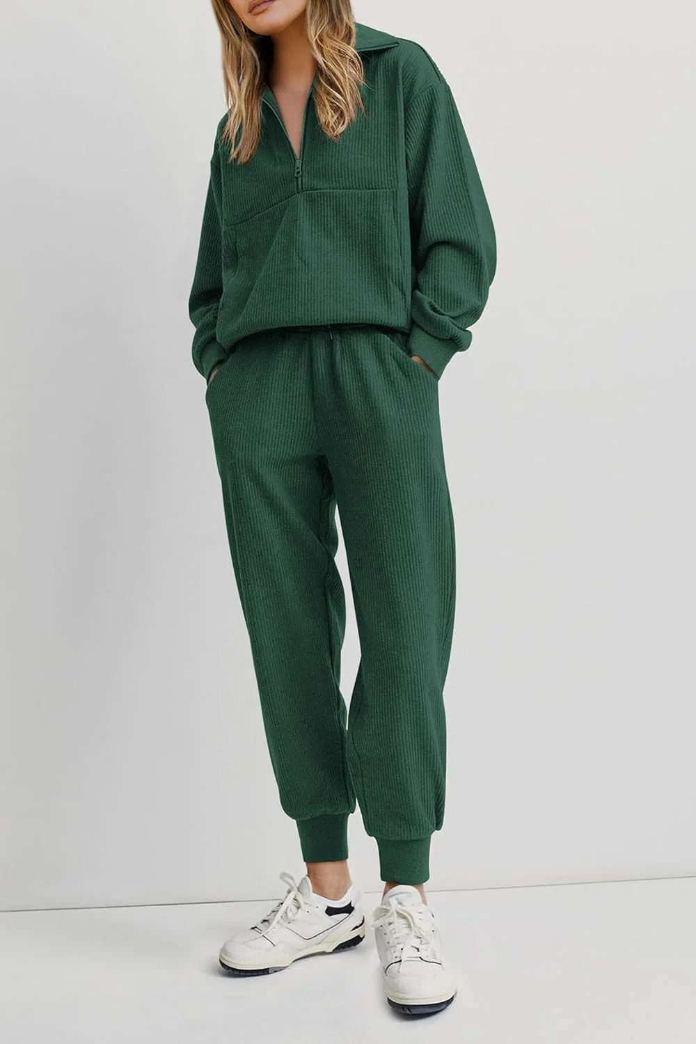 Limited time sale 🔥Women's Ribbed Half-Zip Two-Piece Pocket Long-Sleeve Top and Drawstring Pants