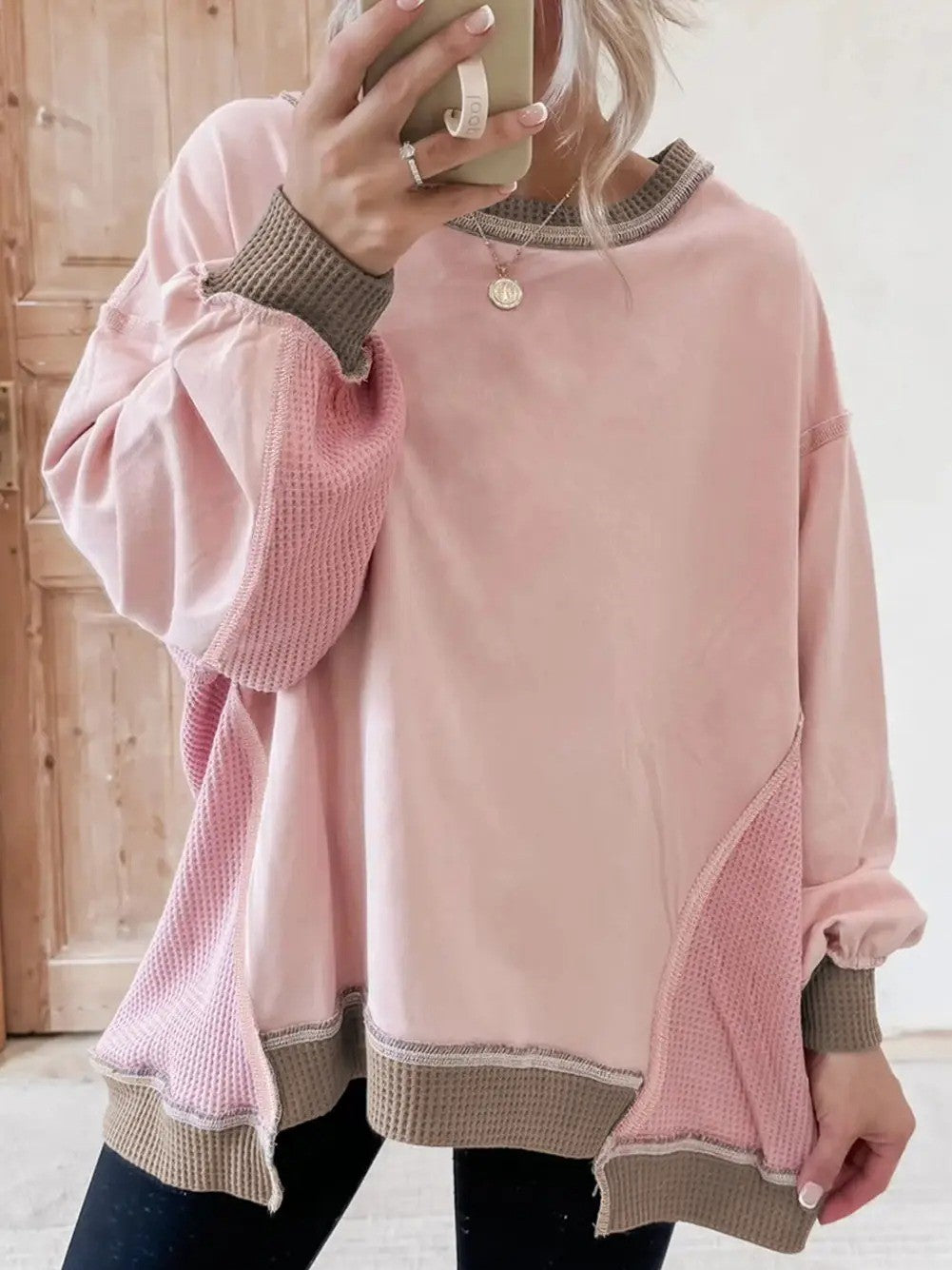 Women's Color Block Patchwork Waffle Knit Sweatshirt