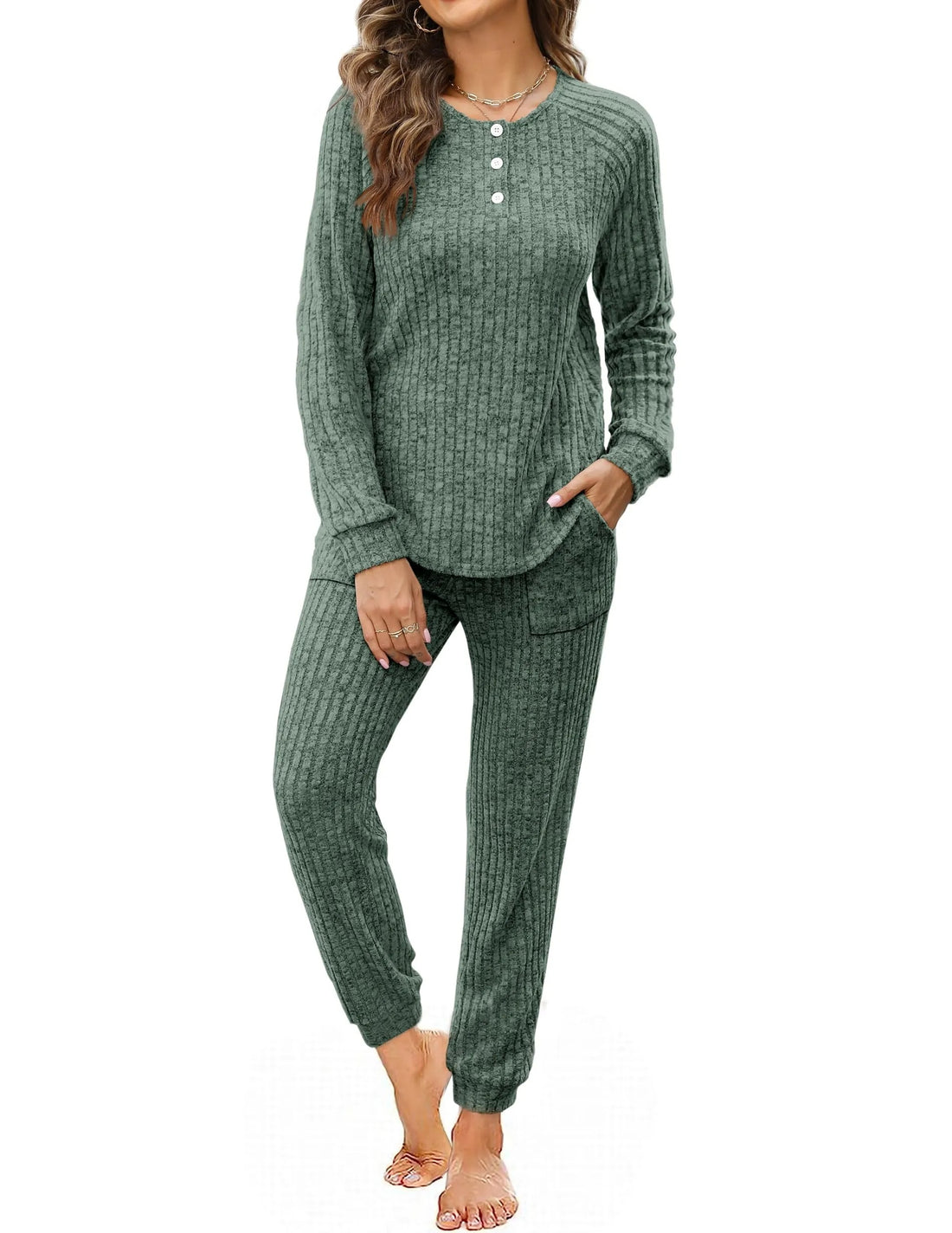 Women‘s’ Button Down Sweatshirt Sweatpants Two Piece Set with Pockets