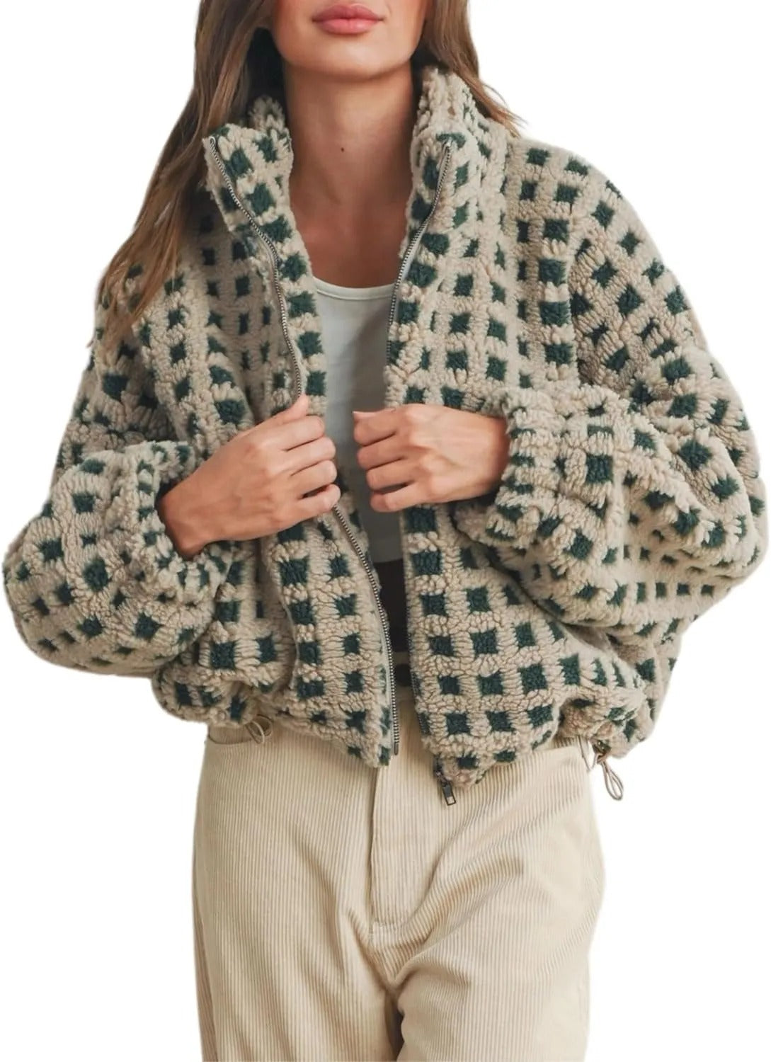 Women’s Cropped Sherpa Fleece Plaid Jacket Chunky Teddy Fleece Outerwear