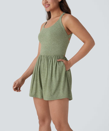 Women's casual Backless Twisted Side Pocket 2-in-1 Resort Romper
