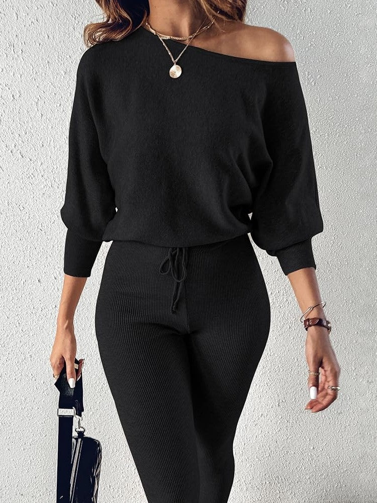 Women's Knitted Batwing Sleeve Sweater Tops Drawstring Pants 2 Piece Set