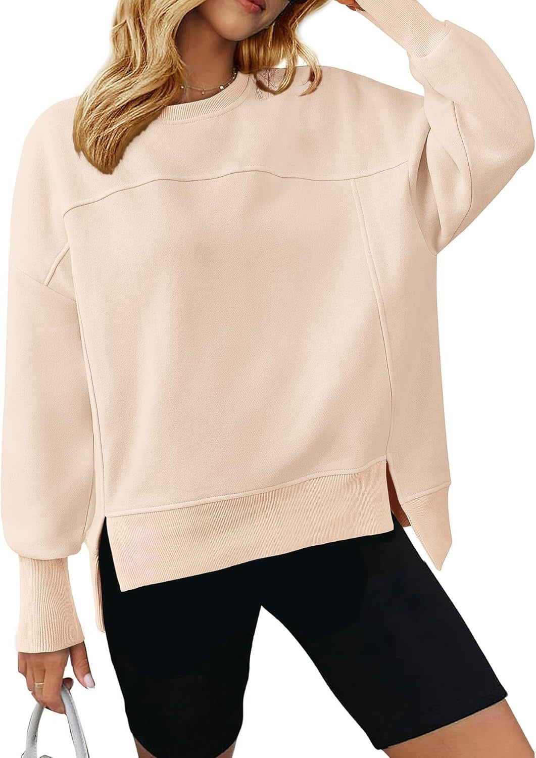 Women's Casual Crewneck Sweatshirts Long Sleeve Side Slit Fleece Pullover Tops