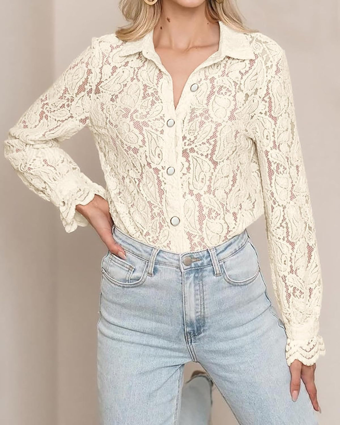 Women's Casual Dressy Lace Button Down Long Sleeve Shirts