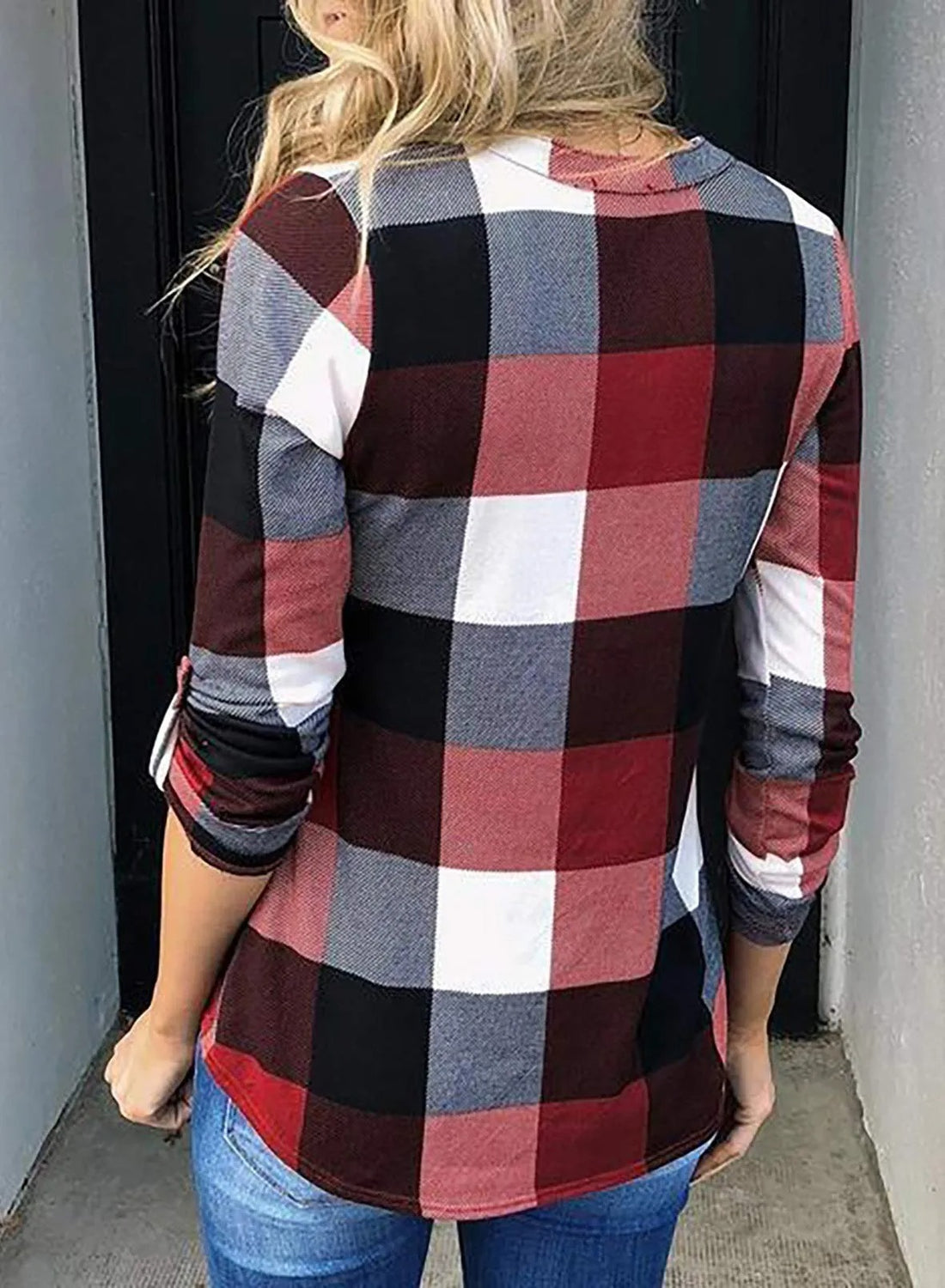 Women's V Neck Plaid Print Cuffed Long Sleeve Shirt