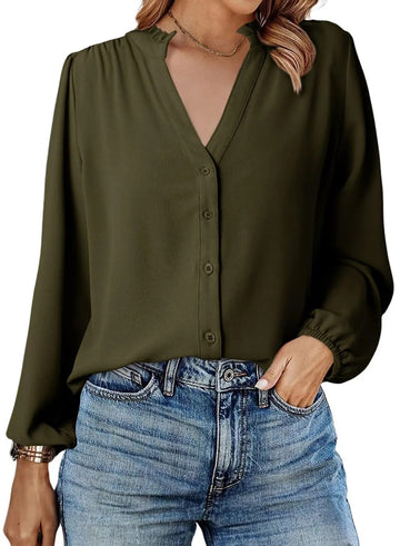 Women's Dressy Casual Button Down Shirts V Neck Long Sleeve Shirts