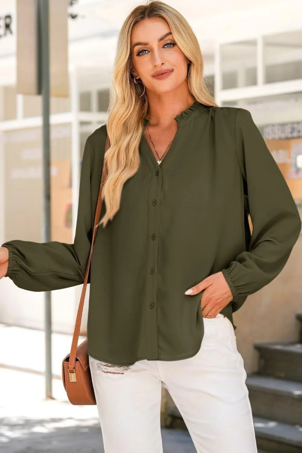 Women's Dressy Casual Button Down Shirts V Neck Long Sleeve Shirts