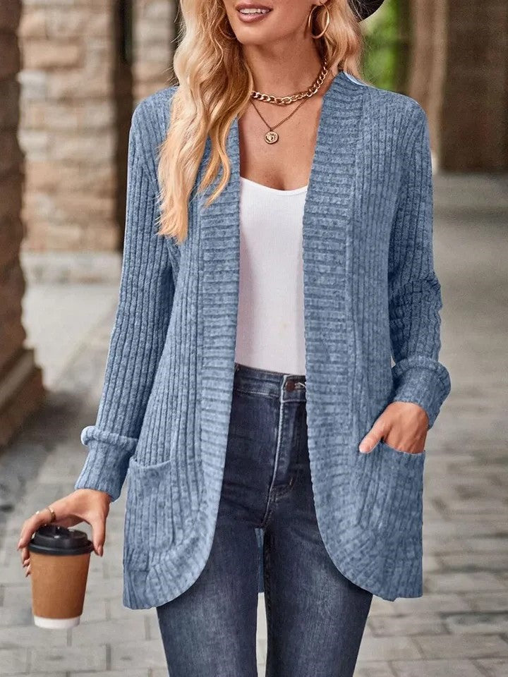 Women's Open Front Casual Ribbed Knit Cardigan with Pockets