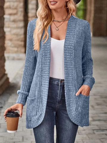 Women's Open Front Casual Ribbed Knit Cardigan with Pockets