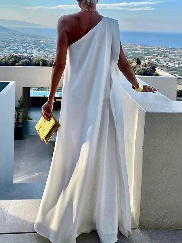 Women's Summer Asymmetric Solid Color Slit One Shoulder Maxi Dress
