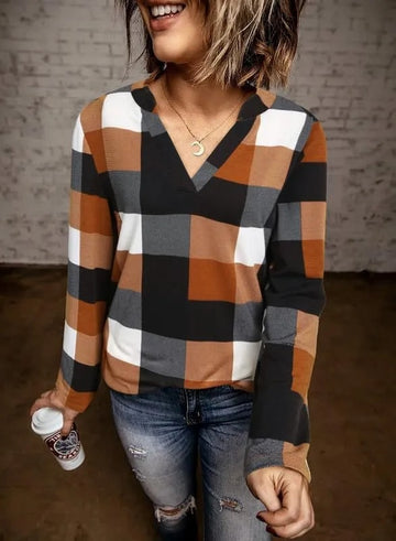 Women's V Neck Plaid Print Cuffed Long Sleeve Shirt