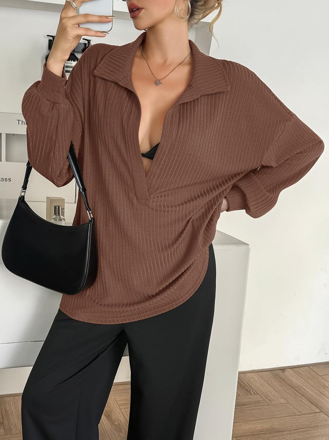 Women's Oversized Deep V Neck Long Sleeve Ribbed Knit Pullover Tops