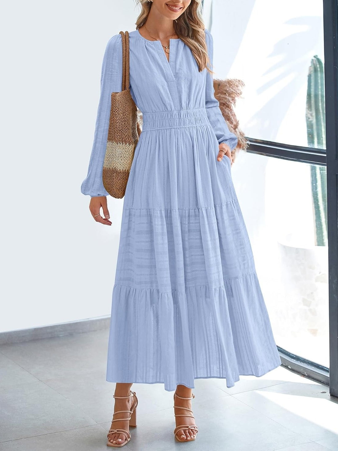 Women's Casual Long Sleeve V Neck Elastic Waist Lightweight Maxi Dress