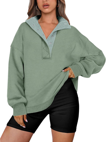 Women's Oversized Button Up Henley Pullover Sweatshirt