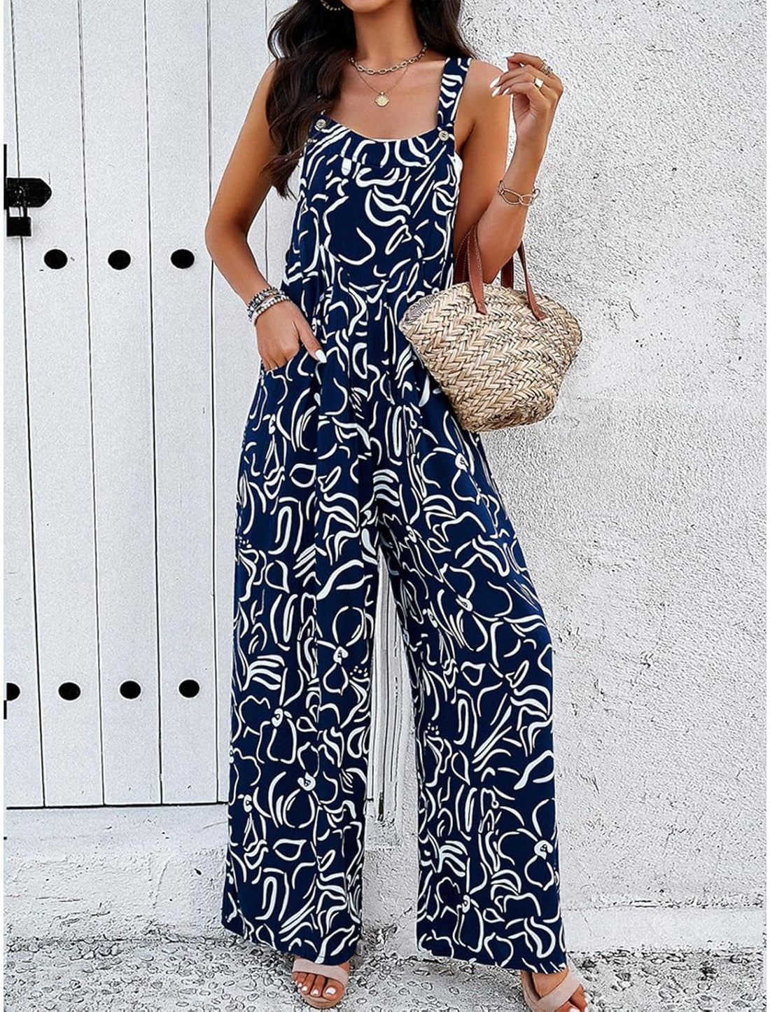 Women's Casual Button Printed Wide Leg Jumpsuit with Pockets