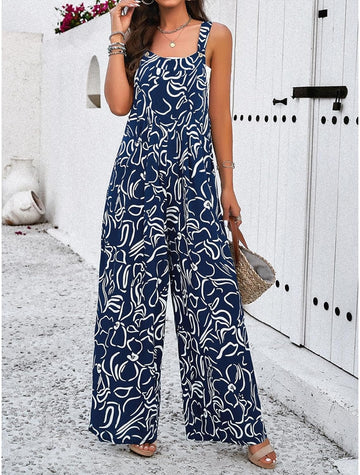 Women's Casual Button Printed Wide Leg Jumpsuit with Pockets