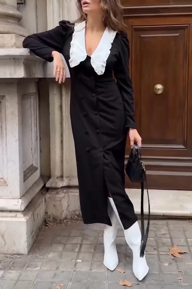 Women‘s Elegant Contrast Collar Button Decoration Dress