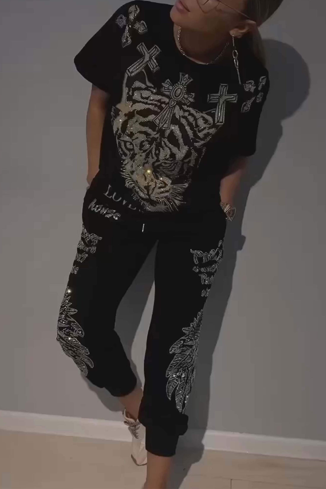 Women's Bright Like Diamond Pattern Tiger Top and Trousers Two-piece Set